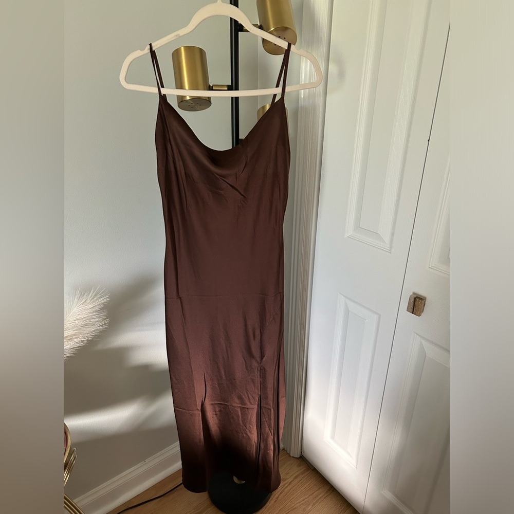 Brown paper heart silk slip dress size small